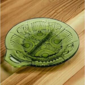 Indiana Glass Green Killarney Divided Relish Dish Vintage Footed w/ Handle